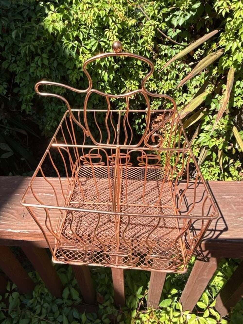 Copper-Finished Metal Wire Tea or Coffee Caddy with Teapot and Cup Accents NICE!